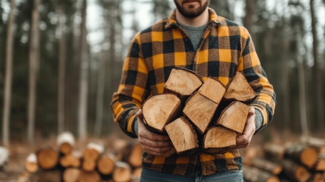 A man dressed in a thermal shirt and flannel lined jeans actively chopping wood in a peaceful forest clearing showcasing practical autumn fashion and a deep depth of field