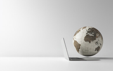 Retro globe plugged into laptop on a clean white desk