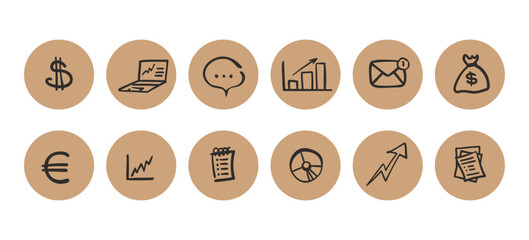 Economy, financial doodles set. Vector collection of hand drawn elements: graphs, charts, folders, money, diagrams, files and others.