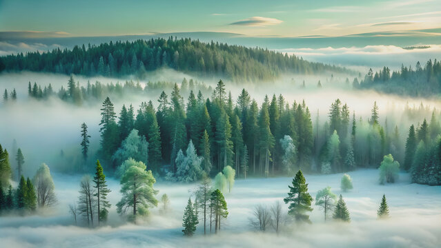 Green landscape of foggy forest on winter hill, frozen taiga with misty atmosphere , green, landscape, foggy, forest, winter