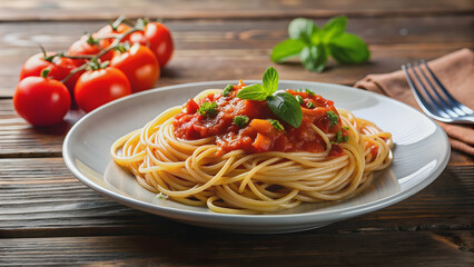 Delicious spaghetti with homemade tomato sauce on a white plate , pasta, Italian cuisine, gourmet, food photography