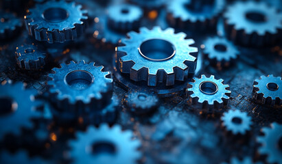 A close up of many gears of different sizes and shapes. Concept of complexity and precision, as each gear is intricately designed and placed in relation to the others. Scene is one of order