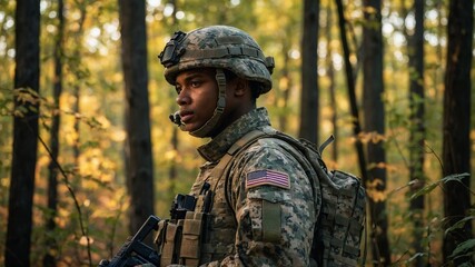 Fototapeta premium Young African American male soldier wearing camouflage military uniform and helmet, standing in forest environment with trees in background