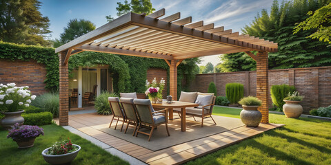 Obraz premium Pergola in courtyard with garden furniture , pergola, courtyard, house, garden furniture, outdoor, wooden
