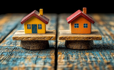 Two wooden houses are on a wooden table. One is yellow and the other is orange