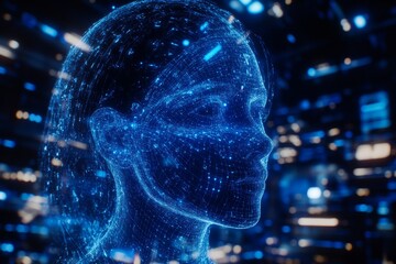 Waveforms sound focus thought projection neural pathways and power burst woman with glowing digital particles symbolizing neural communication and brain connectivity