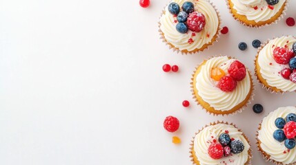 Five vanilla cupcakes with white frosting decorated with fresh raspberries, blueberries and red candy sprinkles, on a white background.