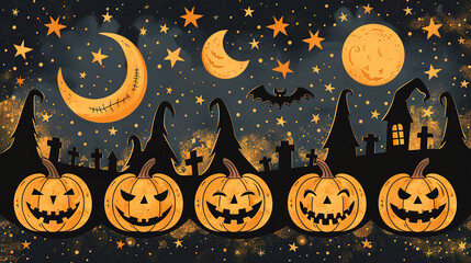 Halloween greeting card, spooky pumpkin sitting on the forest floor