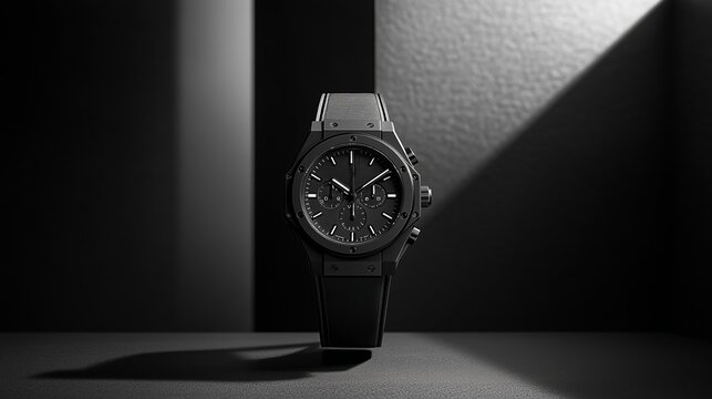 A sleek black luxury watch displayed elegantly in a minimalistic setting with dramatic lighting focusing on its intricate details