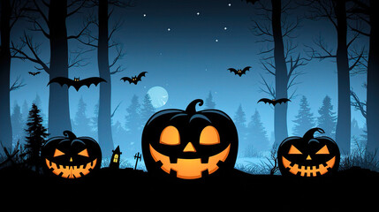 Halloween greeting card, spooky pumpkin sitting on the forest floor