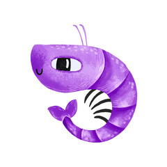 Pink cartoon shrimp. Marine underwater world. Oceania and tropics. Hand drawn illustration on isolated background