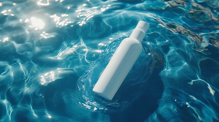 White blank mockup of a beauty product on a blue water background with a shadow and sun reflection