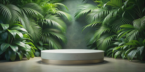 Obraz premium Circular podium with tropical green leaves backdrop for product display, podium, circular, tropical