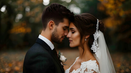 Romantic Bride And Groom Embracing Autumn Fores