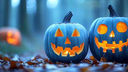 Halloween greeting card, spooky pumpkin sitting on the forest floor