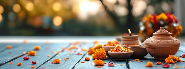 Background with traditional Indian ritual objects. Navaratri celebration