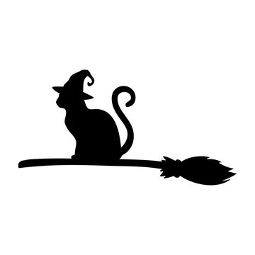 recommend clip art: Logo con silueta de gato negro sentado con sombrero de bruja en una escoba para su uso en felicitaciones y tarjetas de Halloween