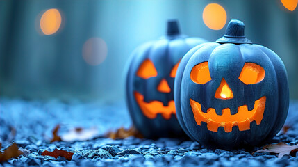 Halloween greeting card, spooky pumpkin sitting on the forest floor