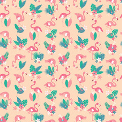 Pattern with pink flamingos and tropical leaves on pink background. Pink flamingo in flat style. Seamless pattern for textile, wrapping paper, background.