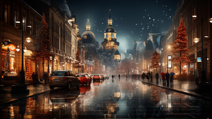 A wide-angle night-time photograph of a bustling capital city with tall buildings and skyscrapers illuminated by colorful lights. The city is celebrating Christmas, 