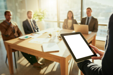Business person, meeting and mockup with tablet screen for presentation, data or company review at...
