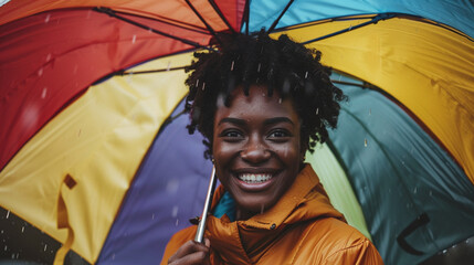 A woman with bright eyes and a joyful smile, holding a colorful umbrella while standing in light rain on a happy day.