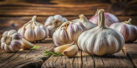 Fresh garlic bulbs with cloves on rustic wooden background, garlic, spice, ingredient, flavor, pungent, organic, health