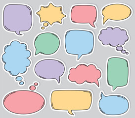 Set of cute stickers with сolorful hand drawn empty speech bubbles. Vector flat illustration on gray isolated background	