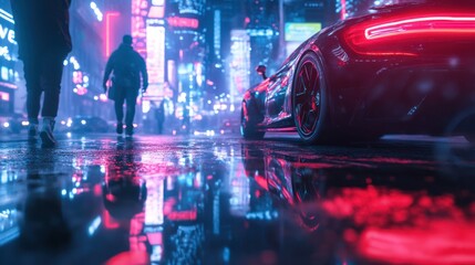 Neon City Night with Reflections