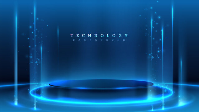 Empty blue podium on blue background with light neon effects with bokeh decorations. Technology modern scene design concept.