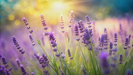 Naklejka premium Blurred summer background of wild grass and lavender flowers , nature, outdoors, botanical, meadow, vibrant, blooming