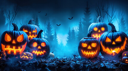 Halloween greeting card, spooky pumpkin sitting on the forest floor