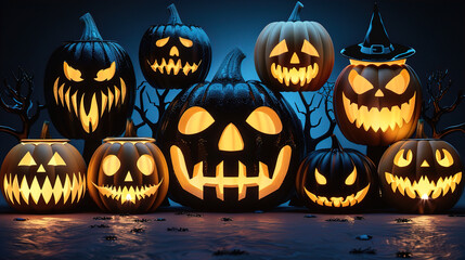 Halloween greeting card, spooky pumpkin sitting on the forest floor