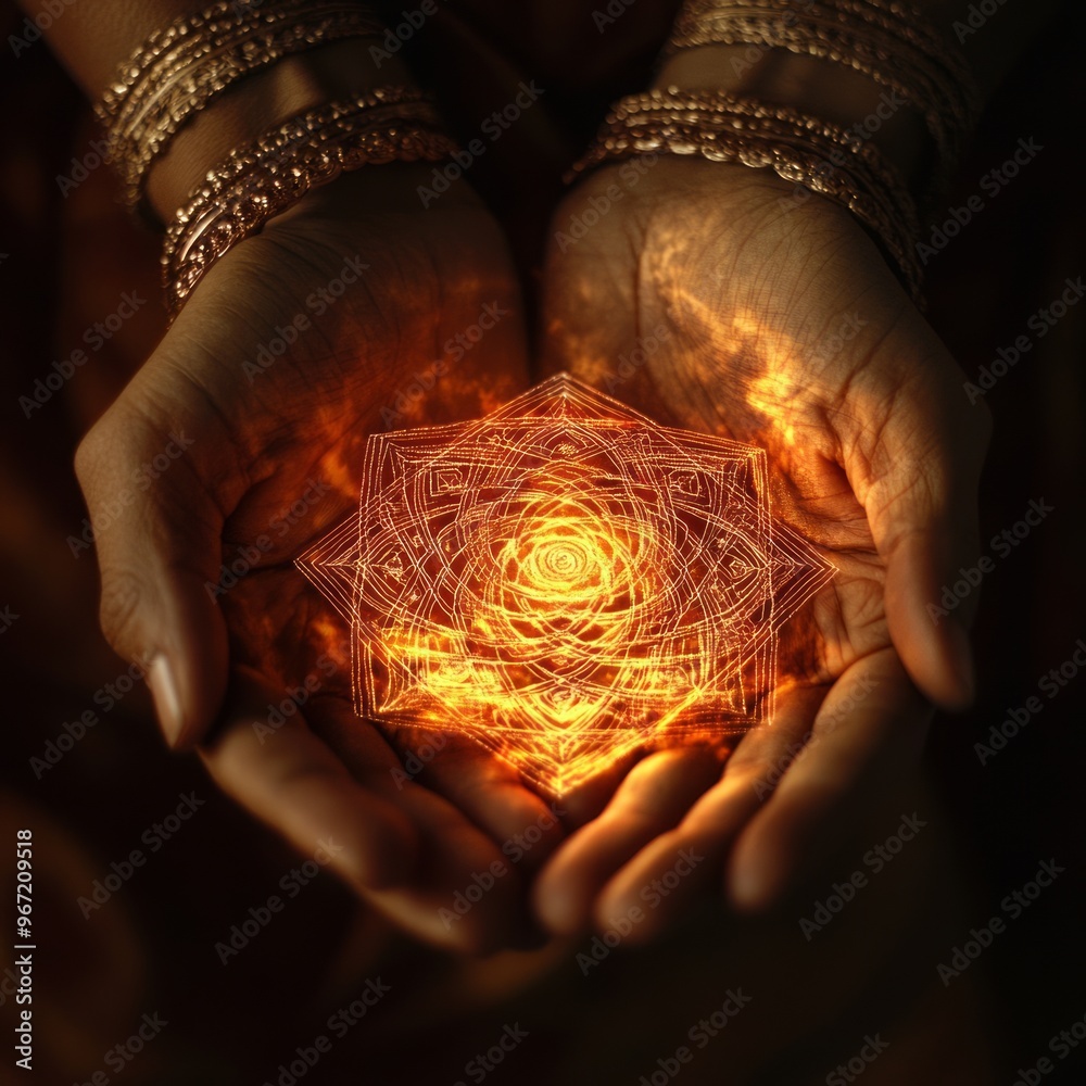 Canvas Prints Close-up of hands holding a glowing geometric pattern.