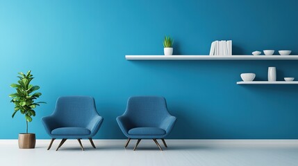 Fototapeta premium A stylish living room featuring comfortable armchairs and shelves against a blue wall with a white background. The room’s design emphasizes a modern and inviting atmosphere