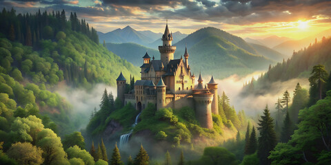 Fototapeta premium Enchanted castle nestled in a lush green forest , majestic, fairytale, palace, fantasy, magical, dreamy, mystical