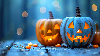 Halloween greeting card, spooky pumpkin sitting on the forest floor