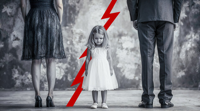 une petite fille au centre et ses parents qui divorcent de chaque c&ocirc;t&eacute;, un &eacute;clair rouge symbolise la rupture