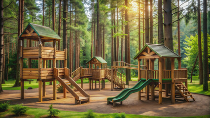 Wooden playground nestled in a lush green forest , nature, outdoor, playtime, kids, recreation, adventure, forest, park