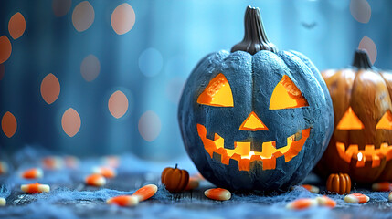 Halloween greeting card, spooky pumpkin sitting on the forest floor