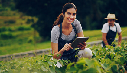 Portrait, farmer and woman with tablet, typing and internet with quality control. Nature, people...