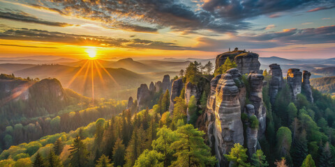 Fototapeta premium Sunrise and Sunset Over Mountain Landscape with Forest and Fog