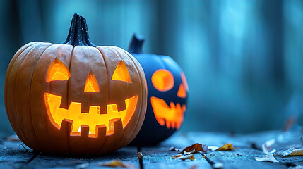 Halloween greeting card, spooky pumpkin sitting on the forest floor