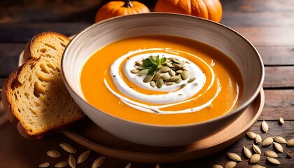 A steaming bowl of creamy pumpkin soup garnished with a swirl of cream and a sprinkle of roasted pumpkin seeds, perfect for a warm autumn meal.