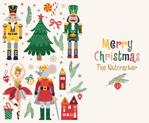Merry Christmas, New Year set with Ballerina, Mouse King and Nutcracker. Christmas card three and toys