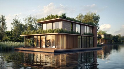 Fototapeta premium Serene Riverside Retreat with Minimalist Wooden Floating House on Calm Lake