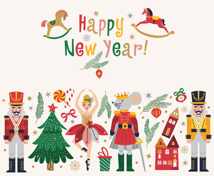 Merry Christmas, New Year set with Ballerina, Mouse King and Nutcracker. Christmas card three and toys