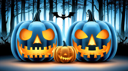 Halloween greeting card, spooky pumpkin sitting on the forest floor