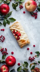 A single apple pastry with raspberries and apples on a white background.