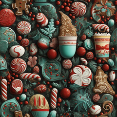 Christmas candy pattern with candy canes, gingerbread men, and sugar cookies, bright festive colors, playful and fun 